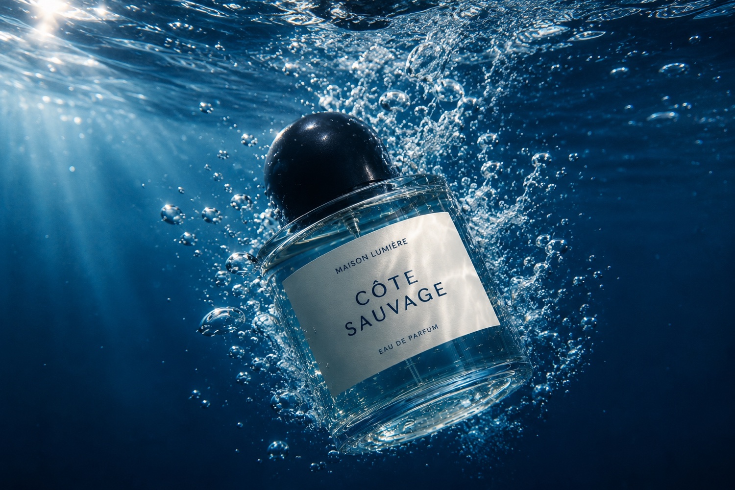 Photoreal AI product visual of a perfume campaign